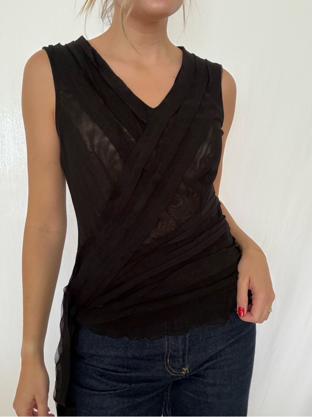 Simon Chang Black Sleeveless Wrap-Overlay Tank